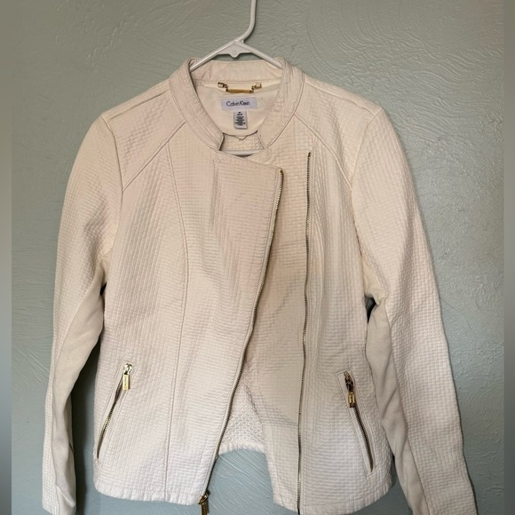 Calvin Klein Jackets & Blazers - Woman’s Calvin Klein Vegan Leather Jacket Cream Size S Gold Accents Textured